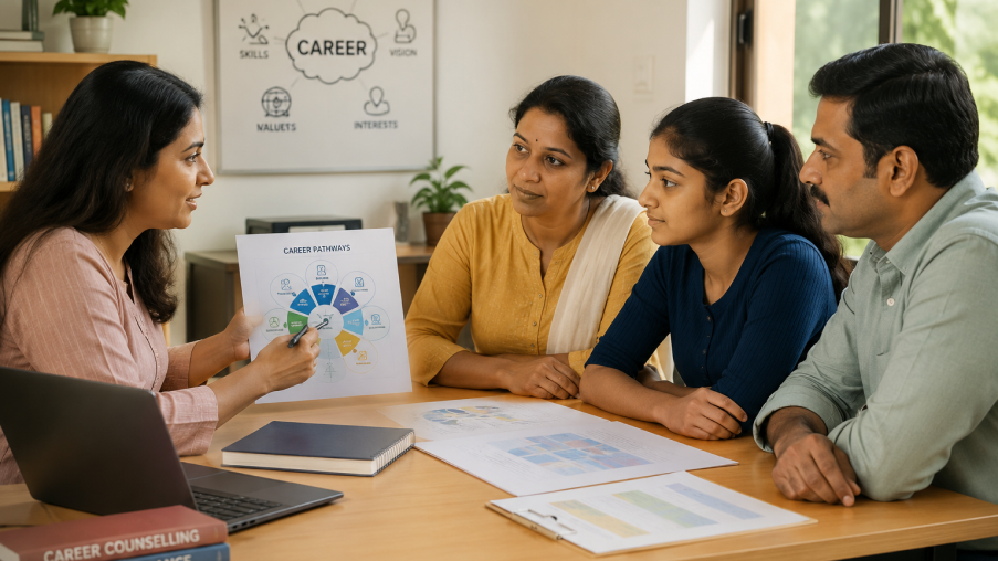 Career counselor explaining student strengths