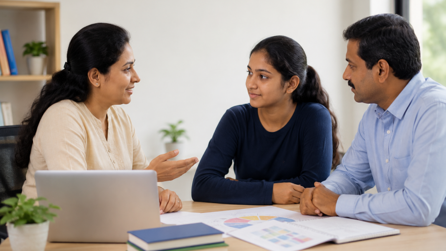 Career counselor explaining student strengths